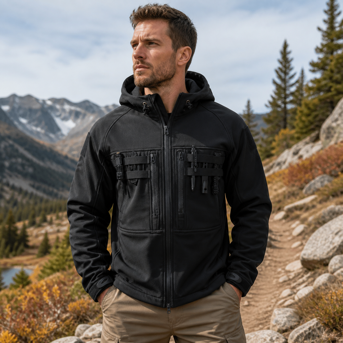 Herren-Fleece-gefütterte Softshelljacke – winddichte Kapuzenjacke für Outdoor- und taktische Einsätze