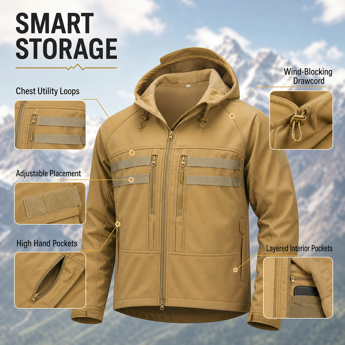 Herren-Fleece-gefütterte Softshelljacke – winddichte Kapuzenjacke für Outdoor- und taktische Einsätze