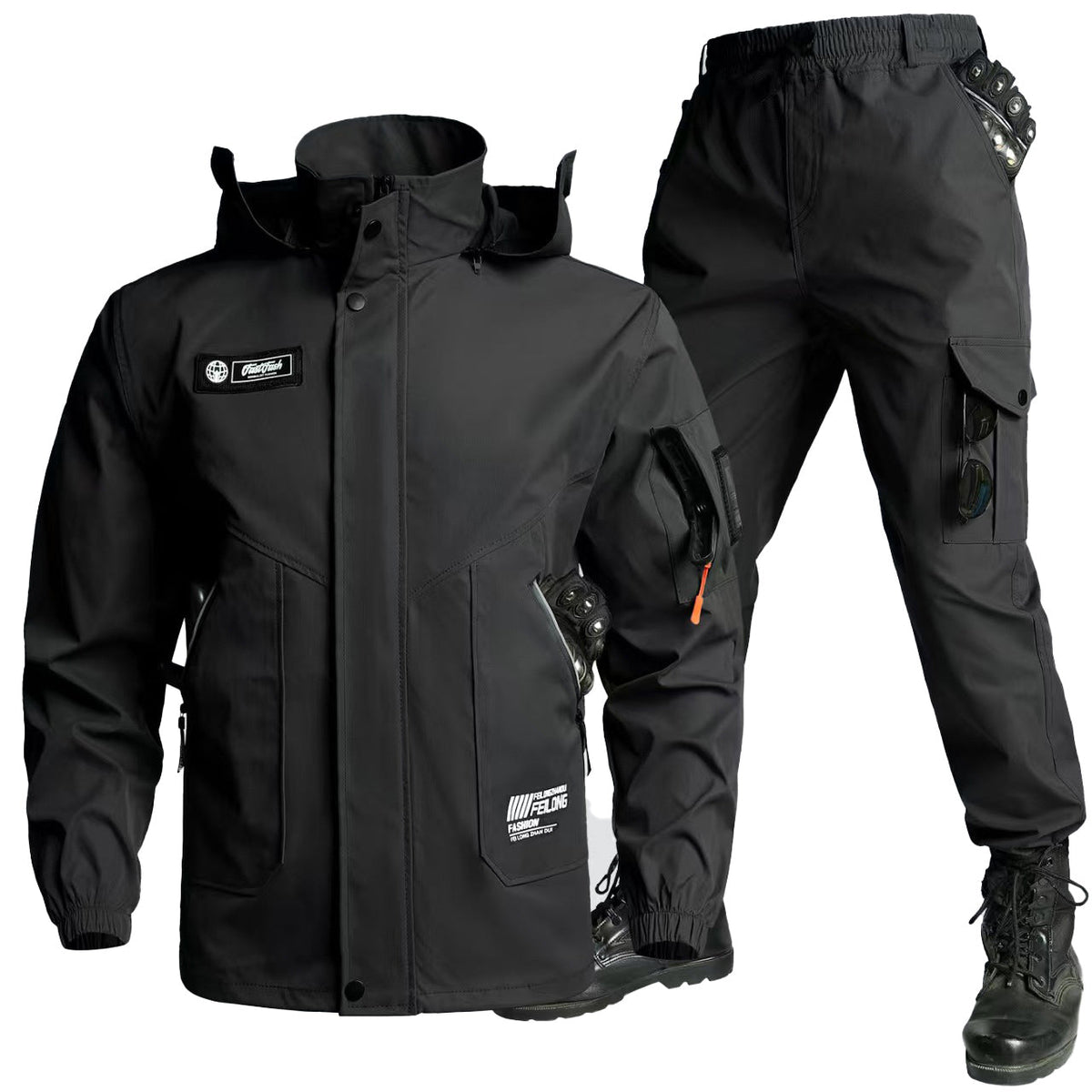 Herren-Taktik-Softshelljacke mit Cargohose – strapazierfähiges Outdoor-Arbeitsbekleidungsset mit mehreren Taschen