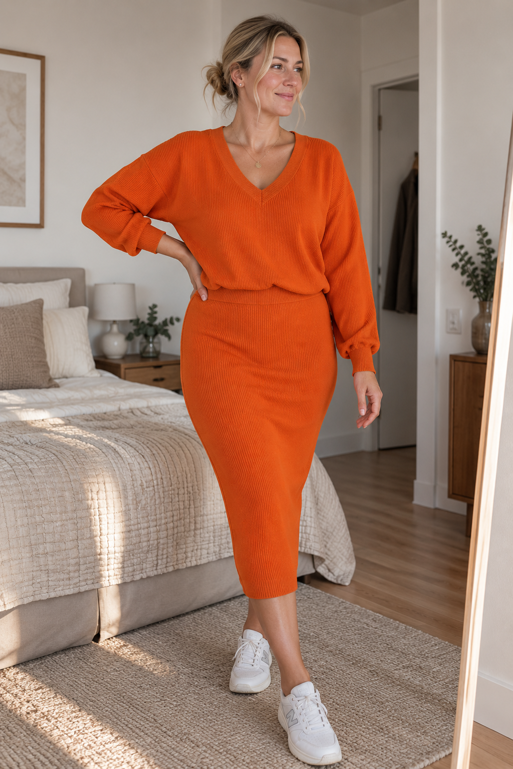 LUCILE | Elegante conjunto de punto con jersey de cuello en V y falda midi de diseño depurado