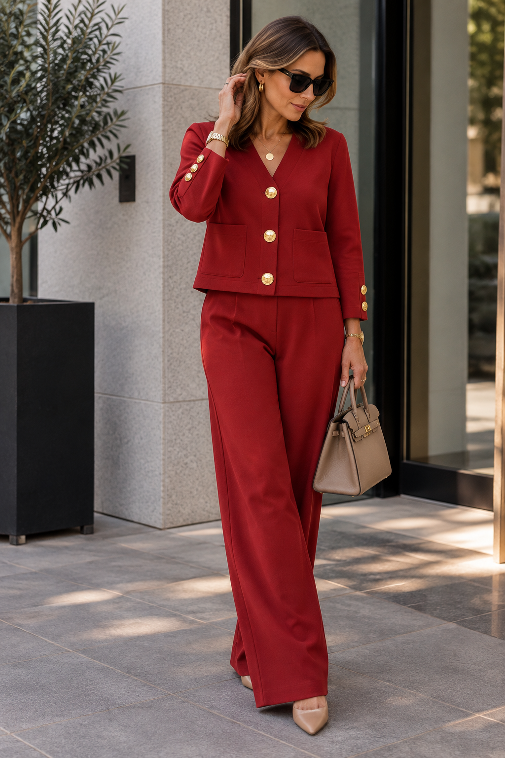 LIESELOTTE | ELEGANTE CONJUNTO DE DOS PIEZAS CON BLUSA DE BOTONES Y PANTALONES DE PIERNA ANCHA