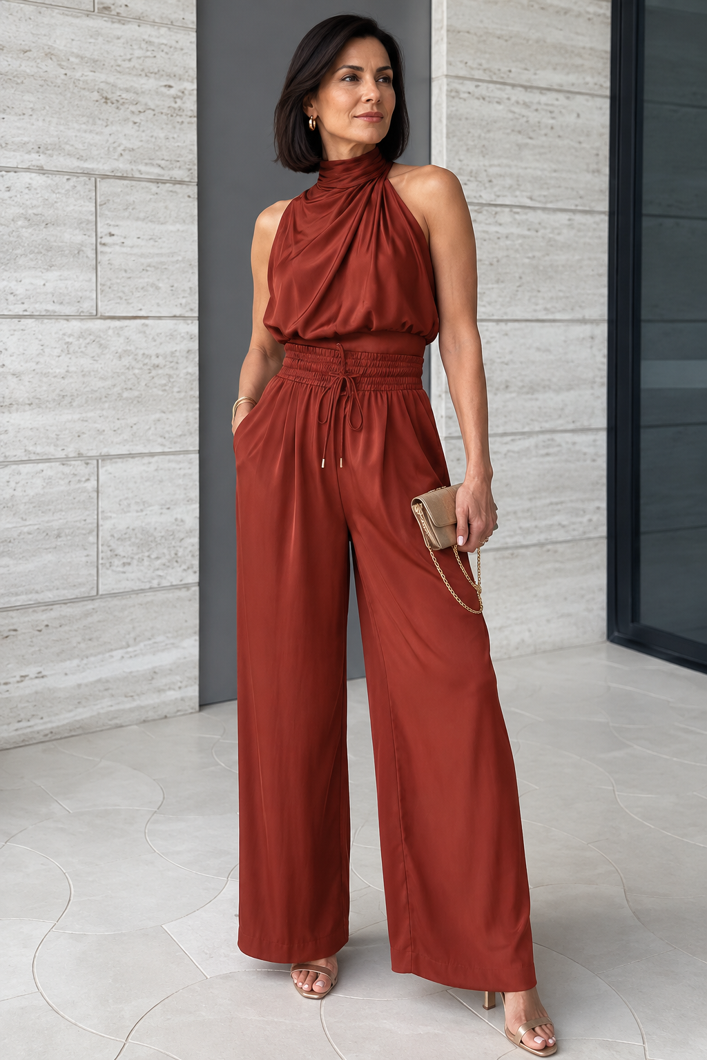 ELEANOR | Elegante conjunto de dos piezas con top halter y modernos pantalones de pierna ancha