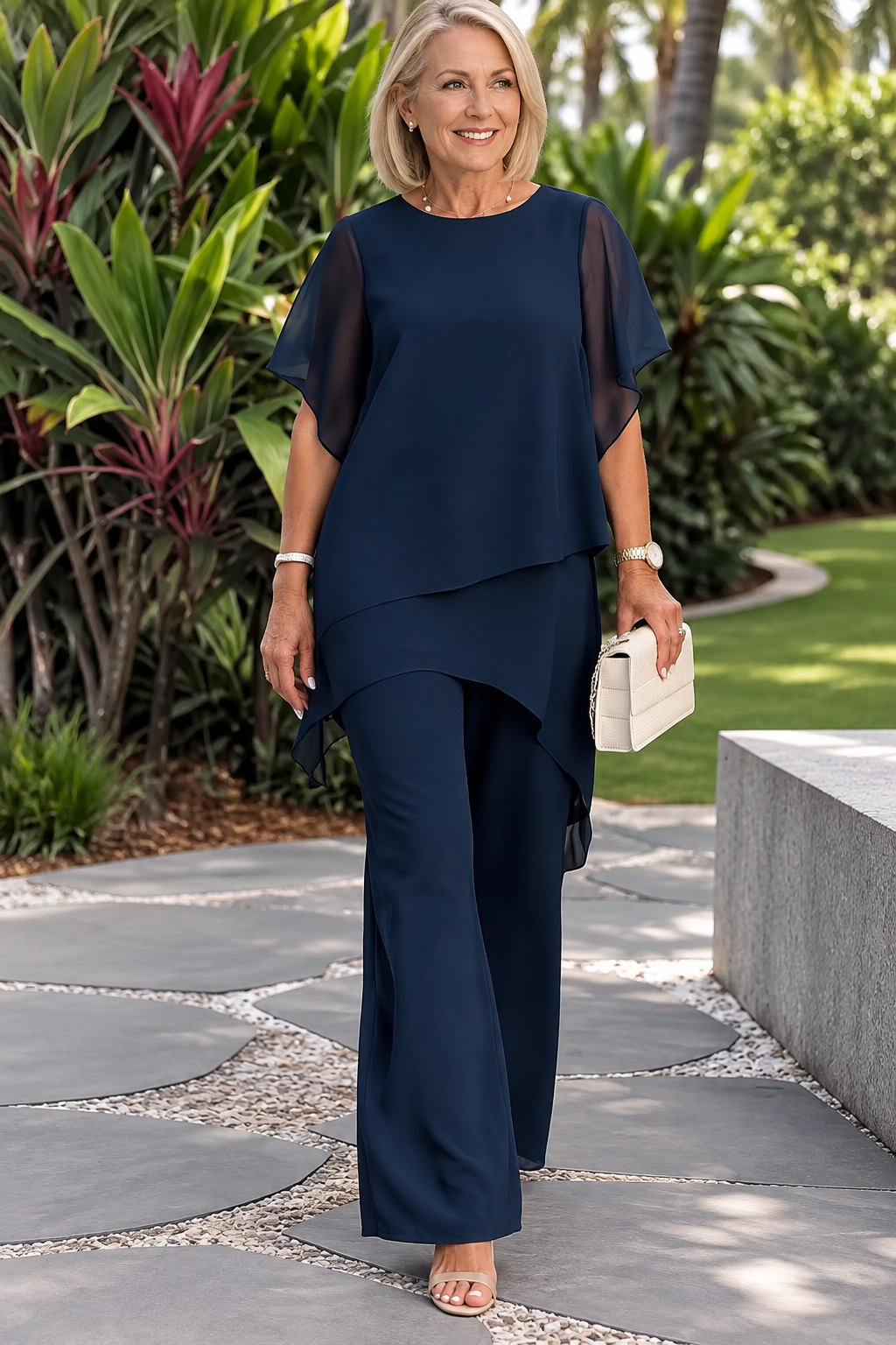 THERESA | Elegante conjunto de dos piezas para mujer con top asimétrico y pantalones de pierna ancha