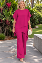 THERESA | Elegante conjunto de dos piezas para mujer con top asimétrico y pantalones de pierna ancha