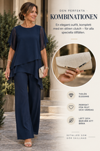THERESA | Elegante conjunto de dos piezas para mujer con top asimétrico y pantalones de pierna ancha