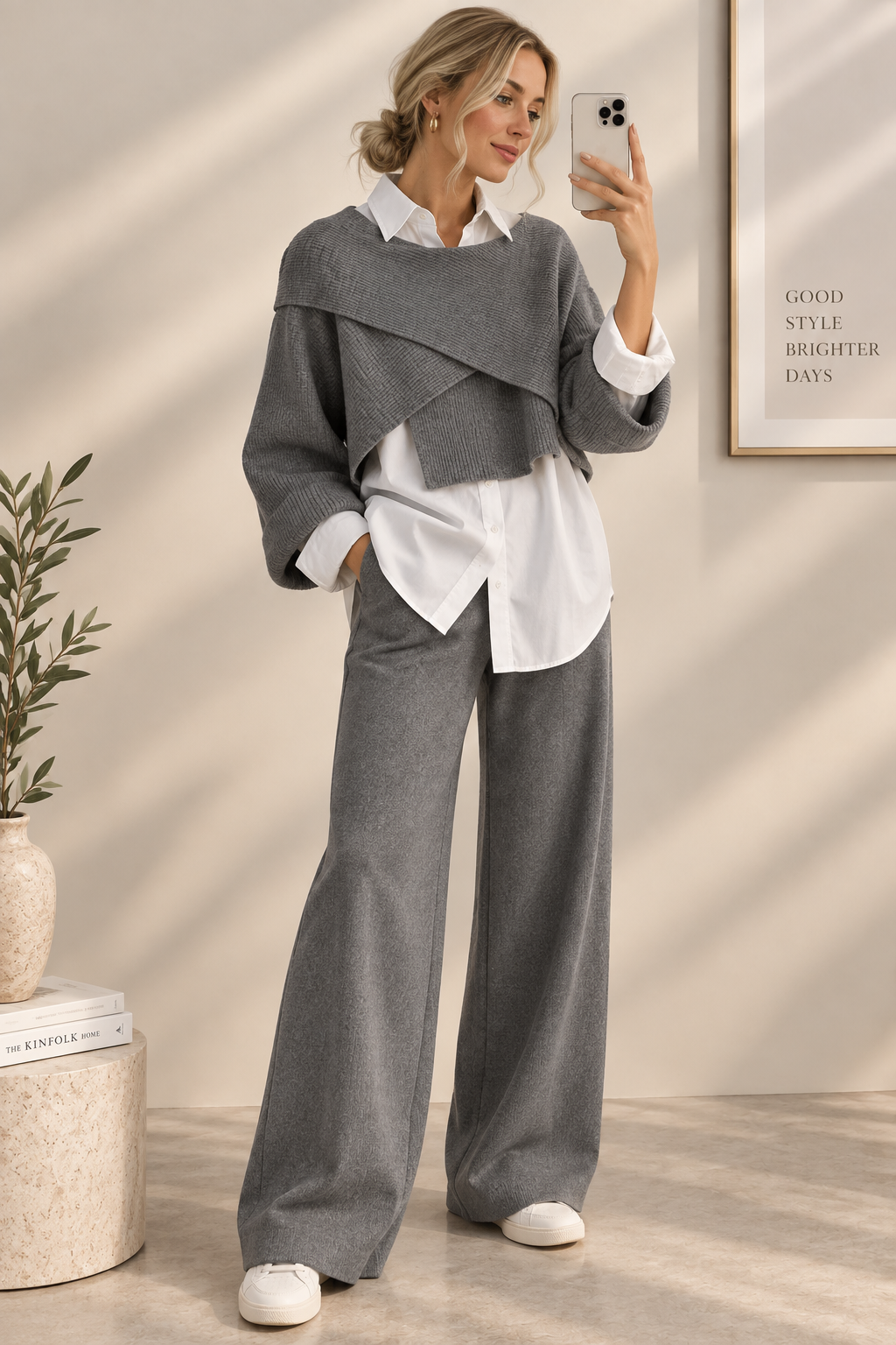 FRANZISKA | ELEGANTE CONJUNTO DE 3 PIEZAS CON CAMISA, SUÉTER Y PANTALONES DE PIERNA ANCHA