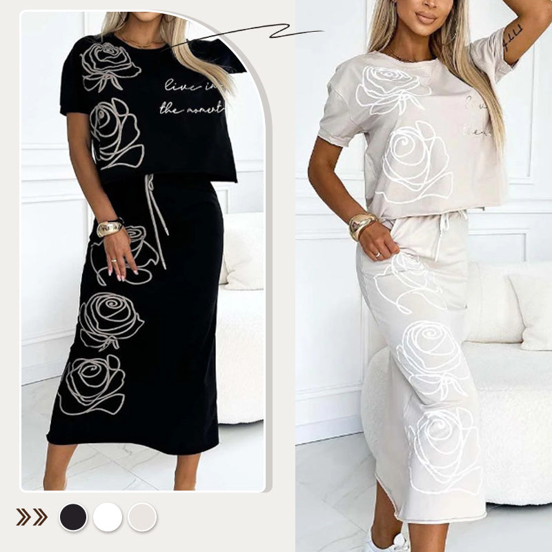 AMARA | Elegante conjunto de mujer con camiseta floral informal y falda bustier sofisticada