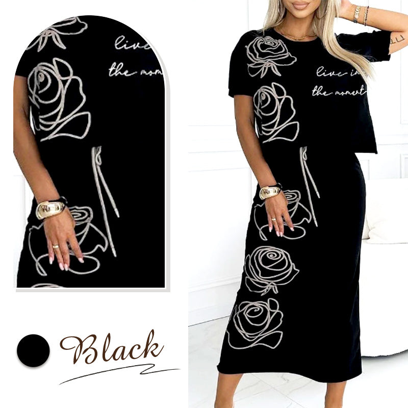 AMARA | Elegante conjunto de mujer con camiseta floral informal y falda bustier sofisticada